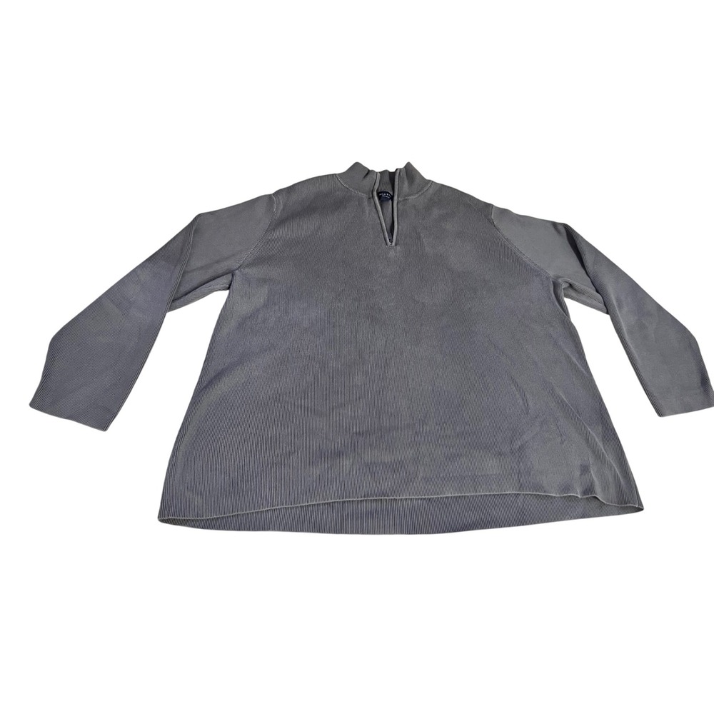 Lands End Mens 2XL Gray Blue Ribbed Cotton Quarter Zip Mock Neck Sweater 50-52